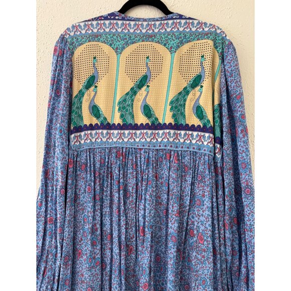 R. Vivimos Long Sleeve Bohemian Peacock Printed V-Neck Midi Dress Tassel Tie - Picture 9 of 9